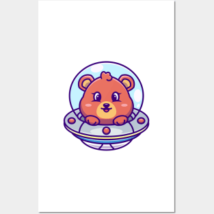 Cute bear flying with spaceship ufo cartoon Posters and Art